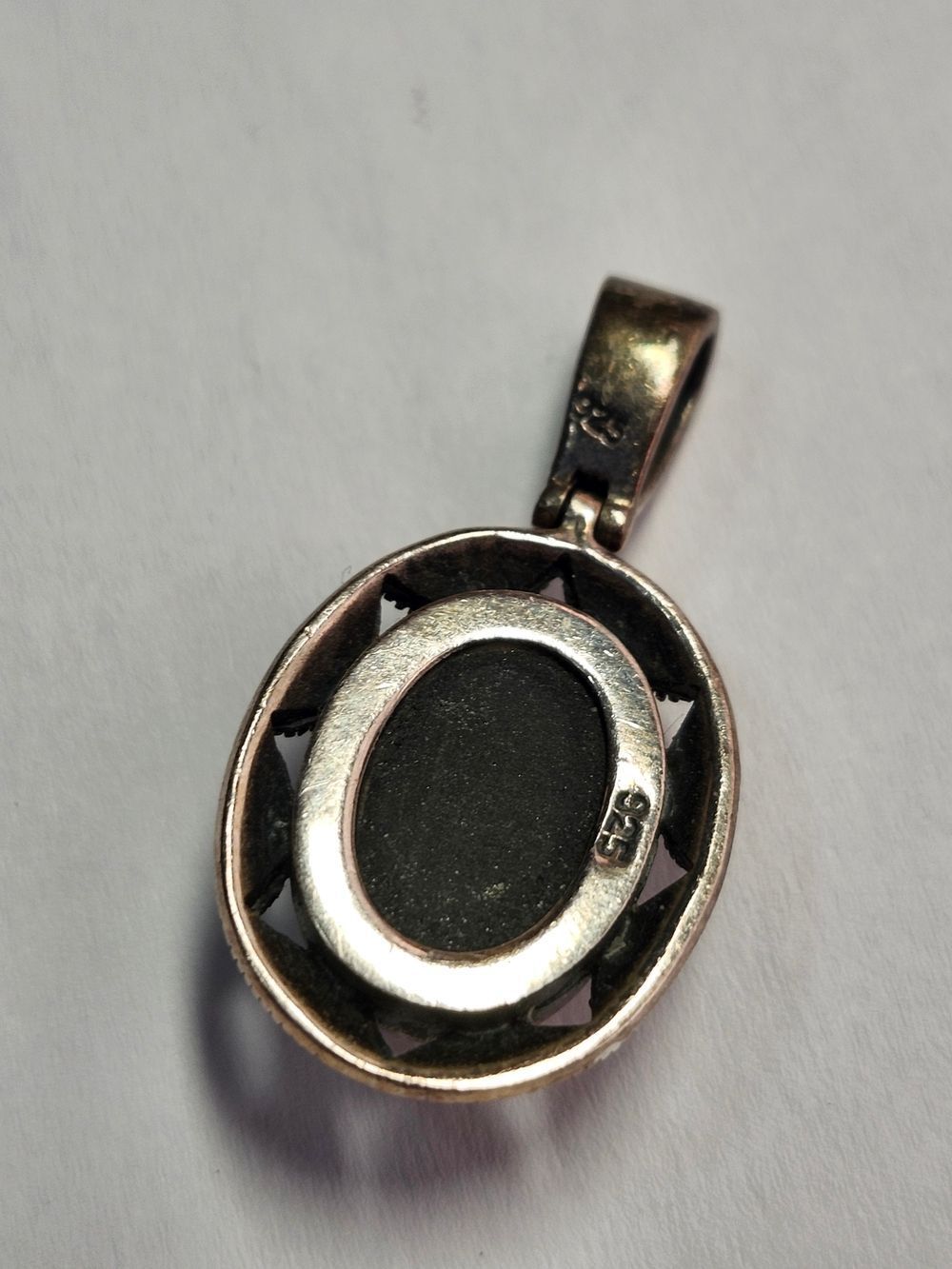 Sterling Silver 925 Black Quartz Stone Oval Pendant With Marcasite Accents - Picture 3 of 3
